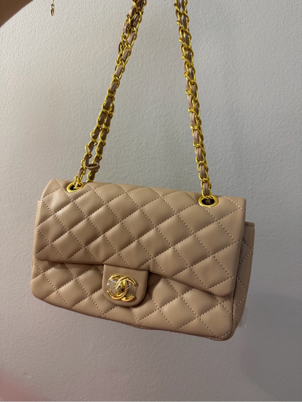 Quilted Shoulder Bag in Beige with Gold-Tone Hardware